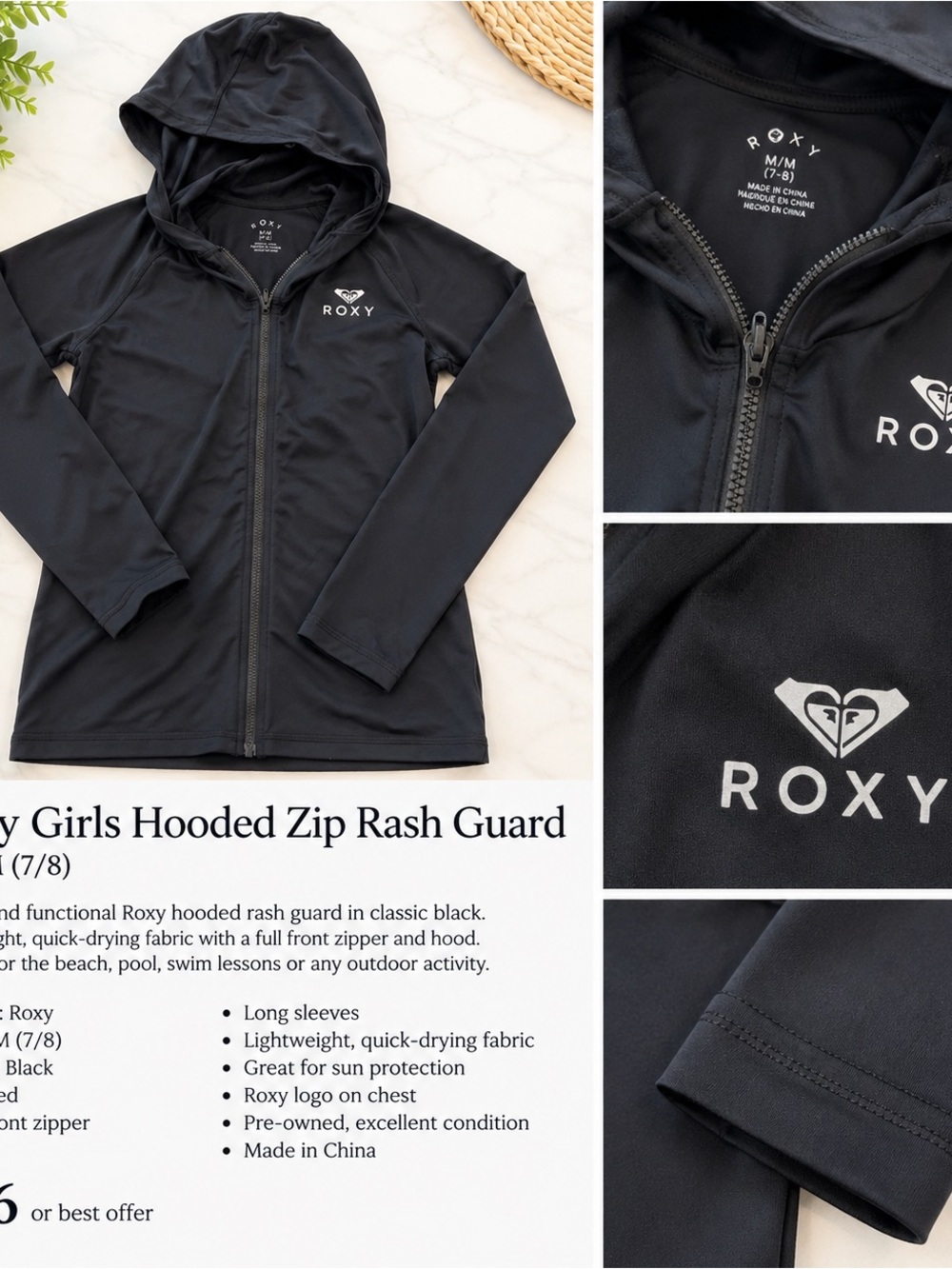 Roxy Girls Hooded Zip-Up Rash Guard – Size M (7/8)